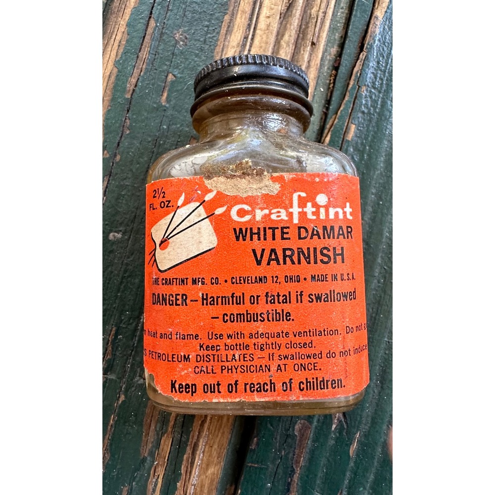 Vintage Craftint‎ White Damar Varnish Glass Bottle Cleveland Ohio Art Supply